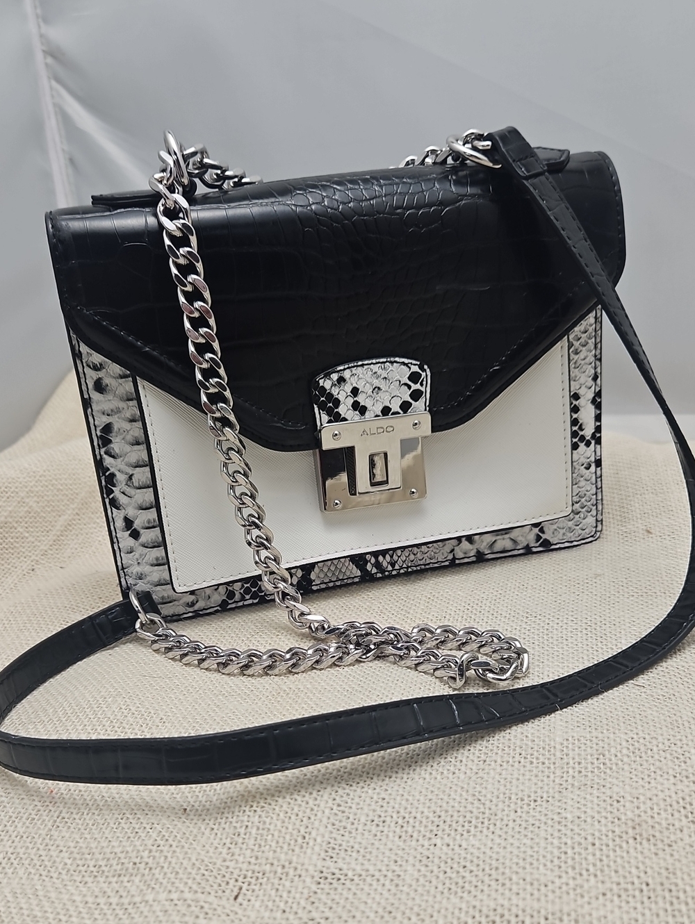ALDO Black, White & Snakeskin-Print Chain Crossbody Bag